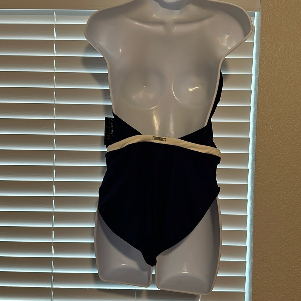 Ralph Lauren Blue One-Piece Swimsuit with Cream Trim - Picture 2 of 3